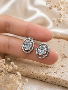 Rhodium-Plated Oval Cubic Zirconia Stud Earrings